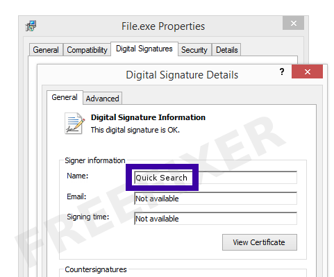Screenshot of the Quick Search certificate